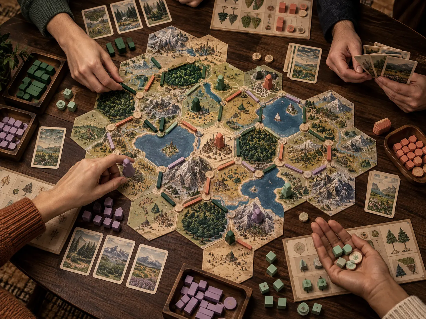 Overhead view of adult hands planning moves across an original modular strategy board