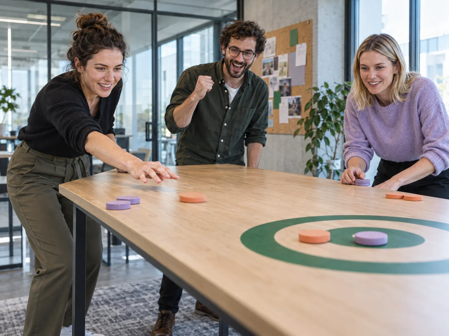 Three colleagues standing around a bright office table during a quick disk-sliding challenge