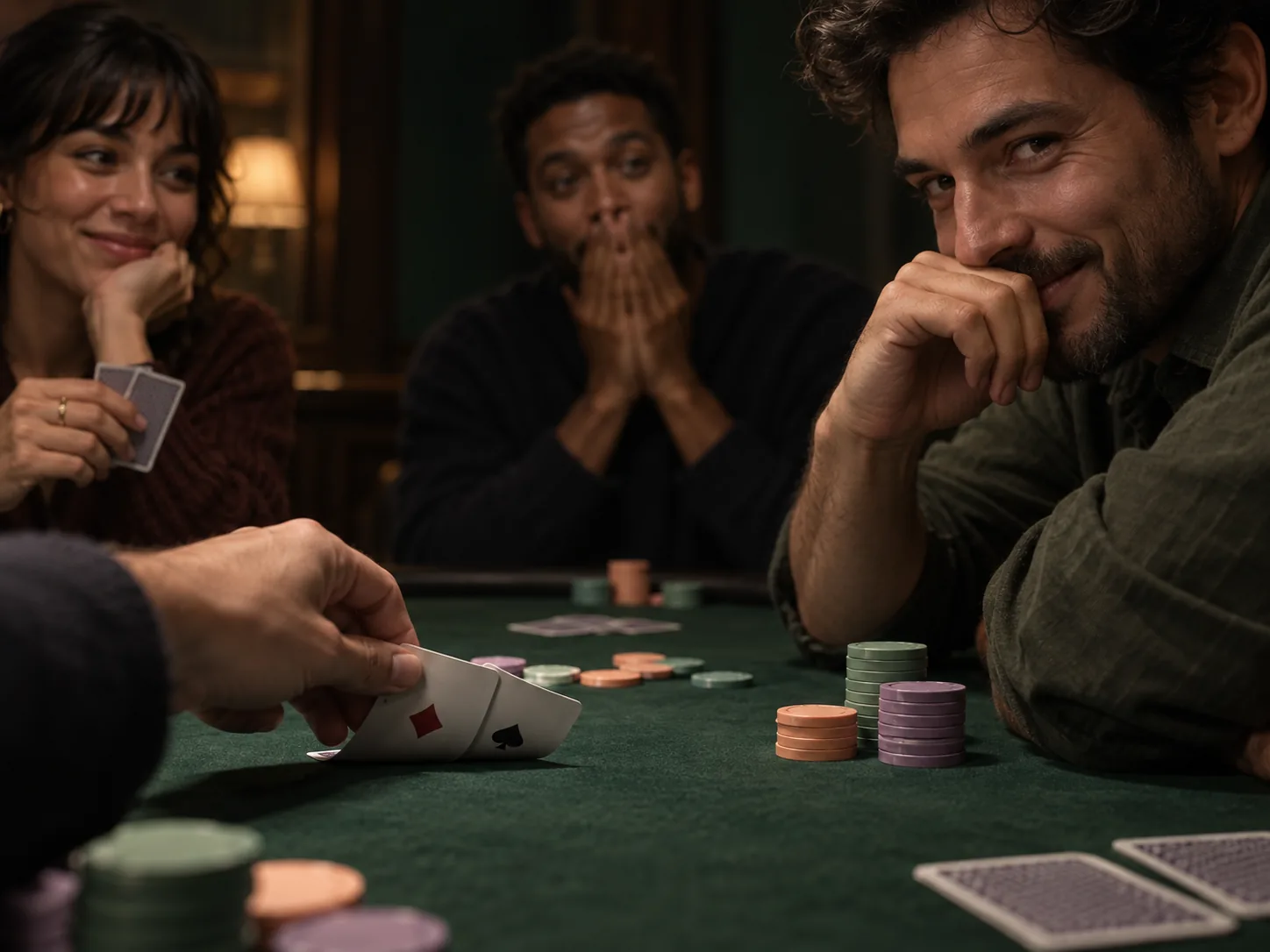 Close table-level view of friends reacting to a card reveal during a low-stakes poker night